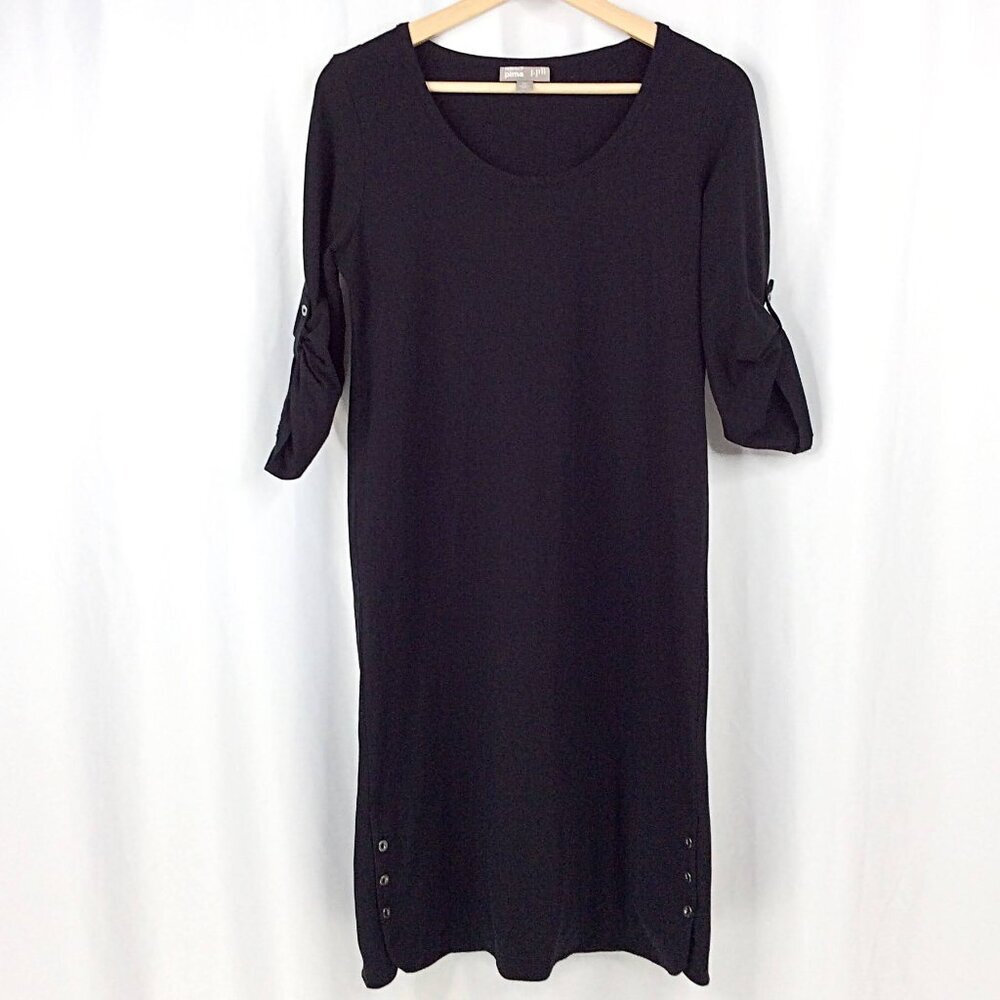 J Jill Perfect PIMA Dress Womens XS Black Shirt‎ Shift Roll Tab Sleeves Cotton